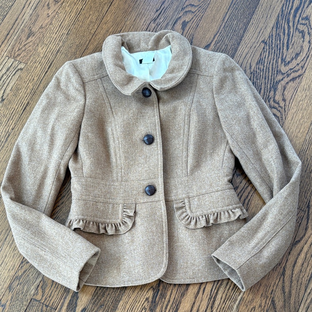 J. Crew wool blend ruffe trim Tan Women's Jacket blazer, 2